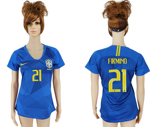Women's Brazil #21 Firmino Away Soccer Country Jersey